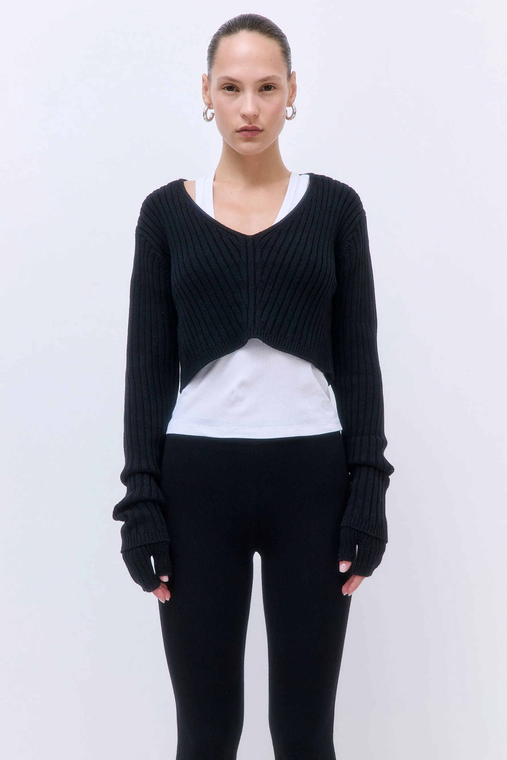 Cropped Ribbed V Neck Top