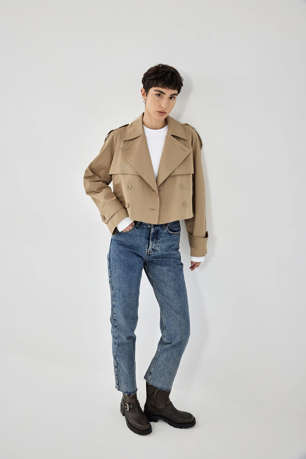 Double Breasted Cropped Trench Coat - Image 3