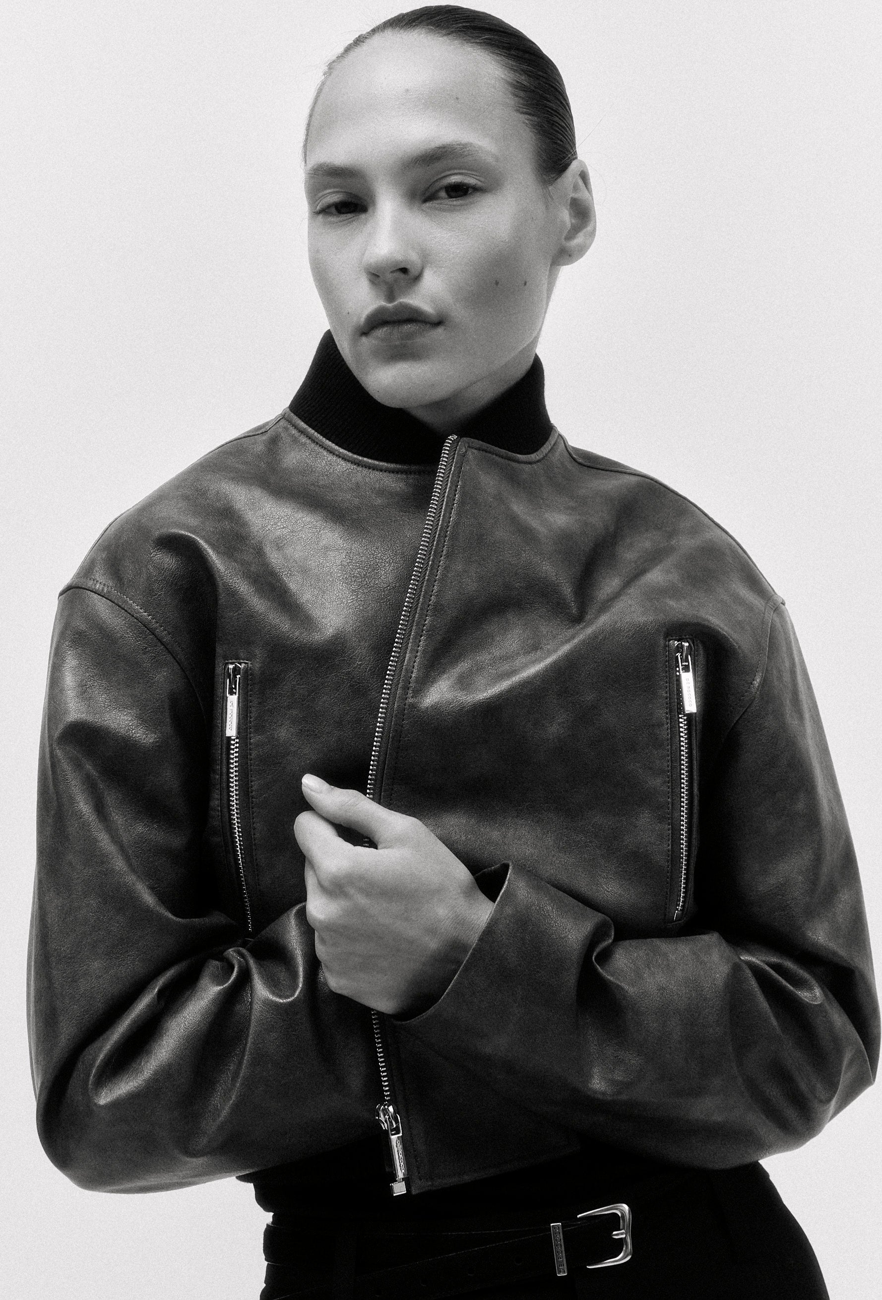 Cropped Vegan Leather Bomber Jacket - Image 3