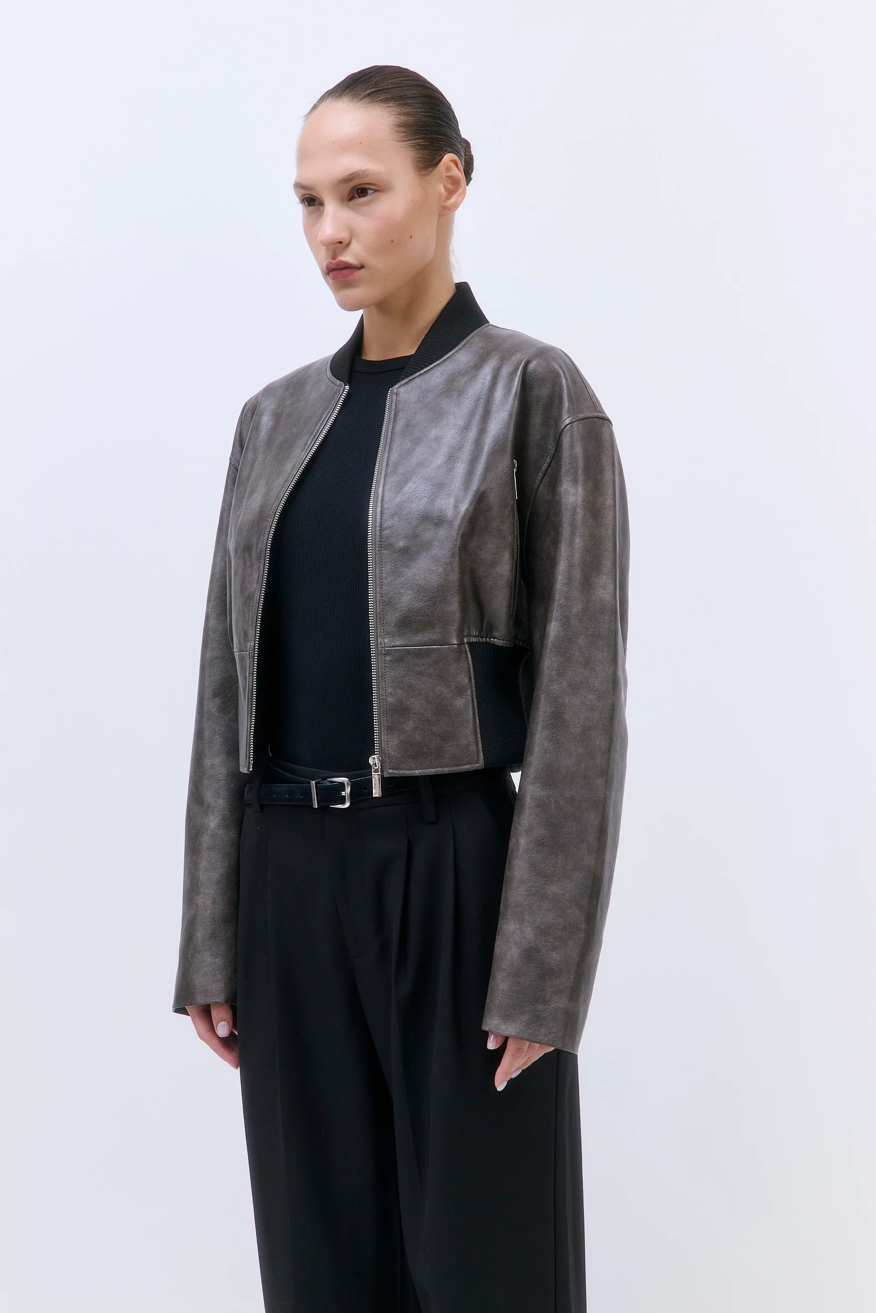 Cropped Vegan Leather Bomber Jacket - Image 4