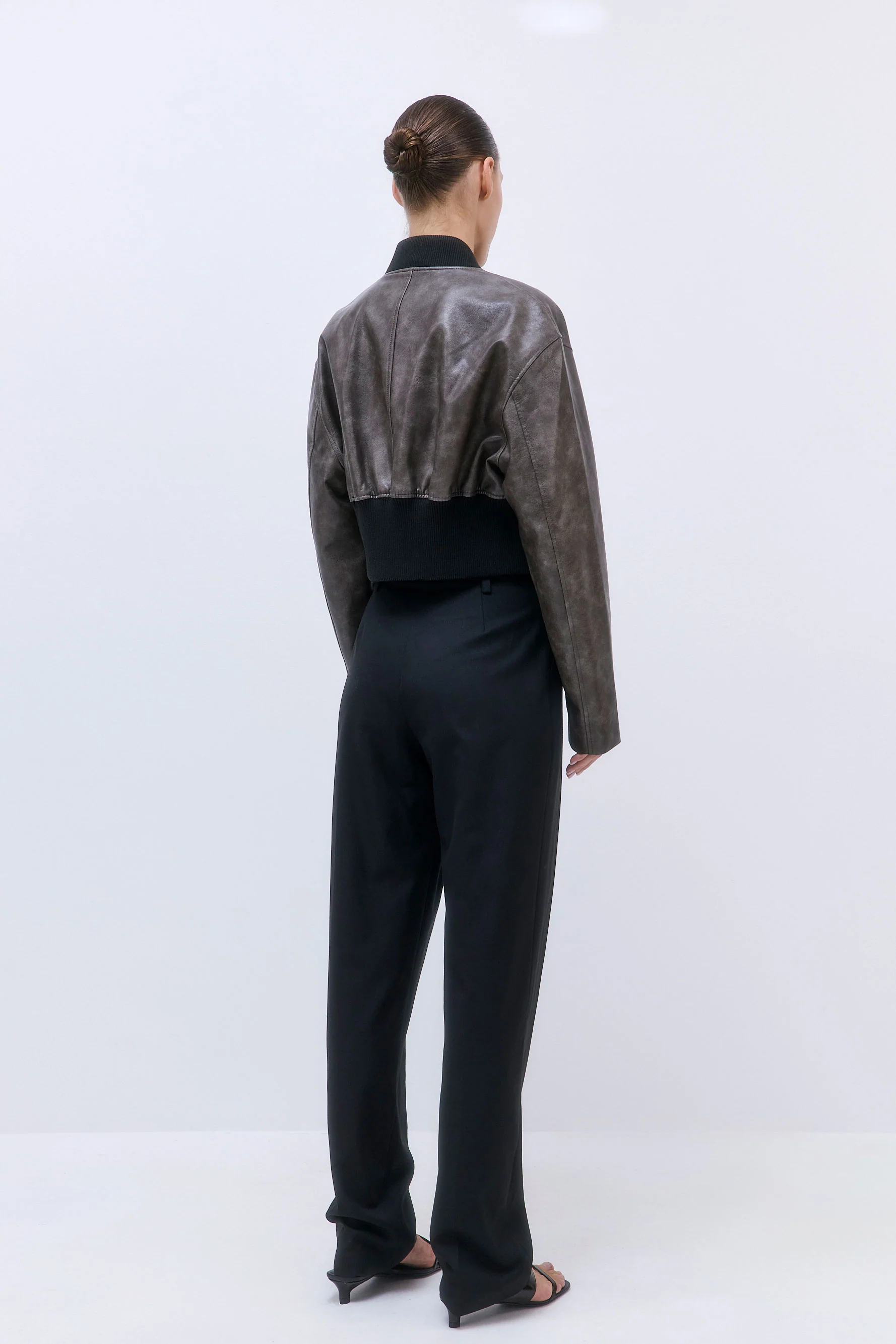 Cropped Vegan Leather Bomber Jacket - Image 5