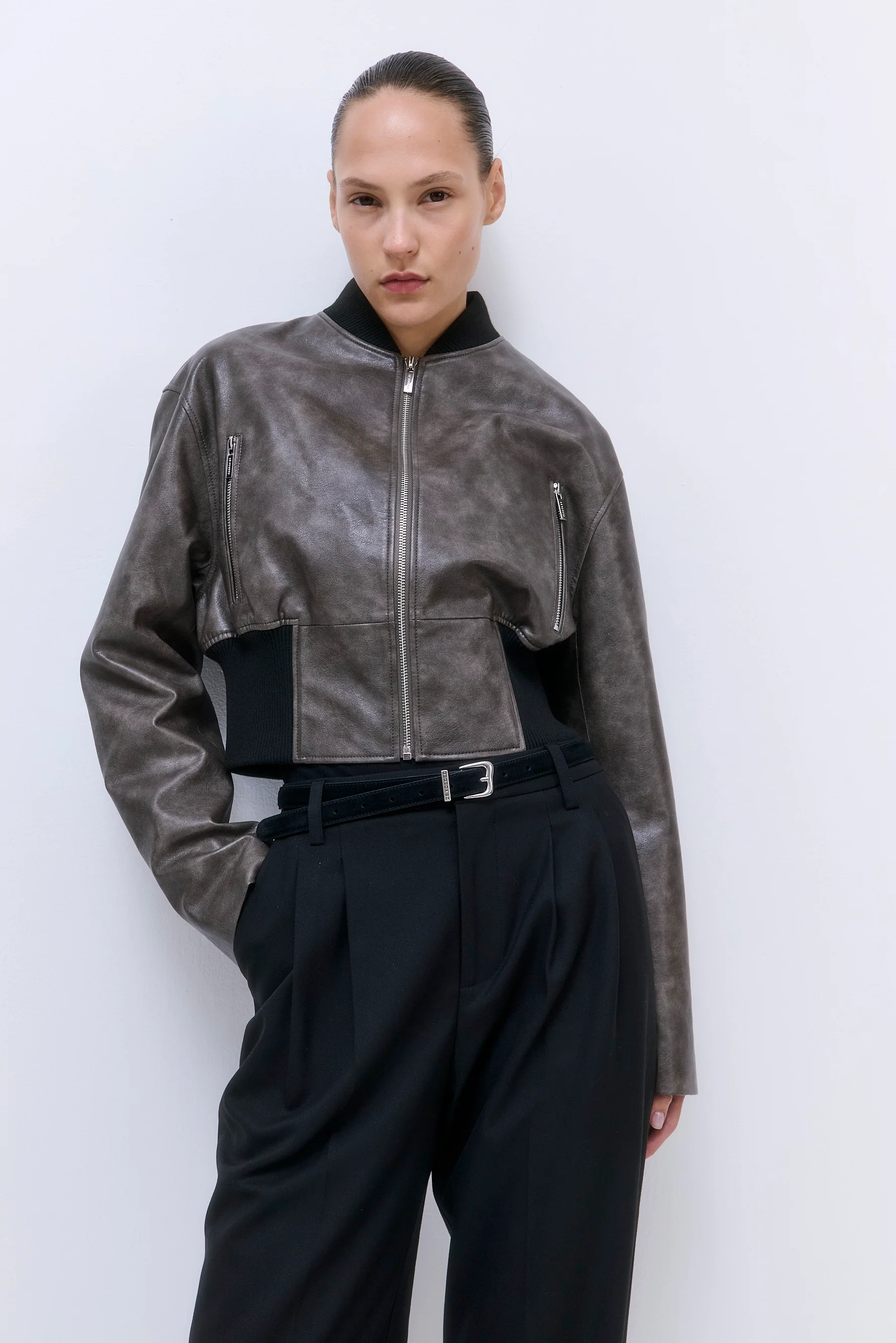 Cropped Vegan Leather Bomber Jacket - Image 6