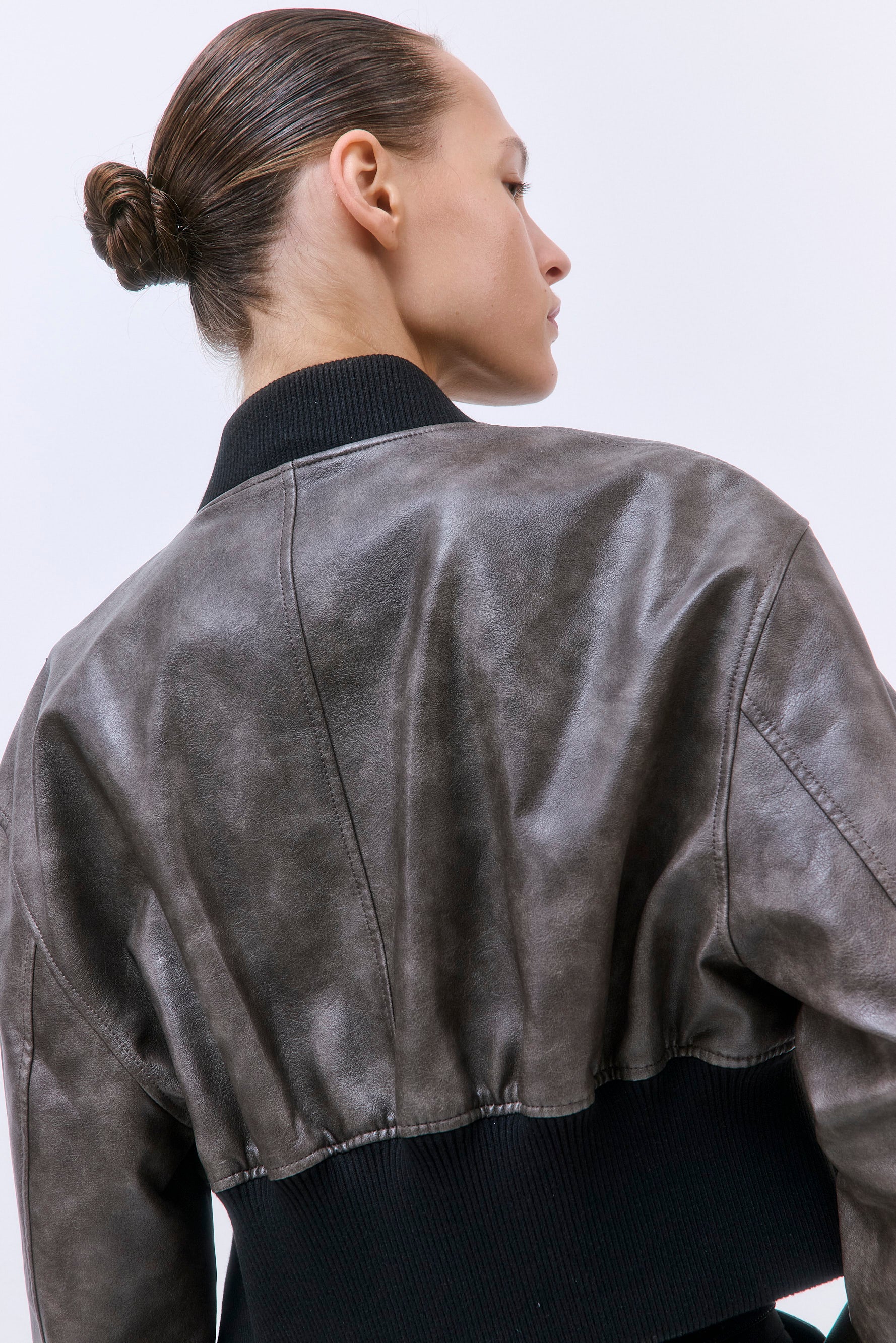 Cropped Vegan Leather Bomber Jacket - Image 7