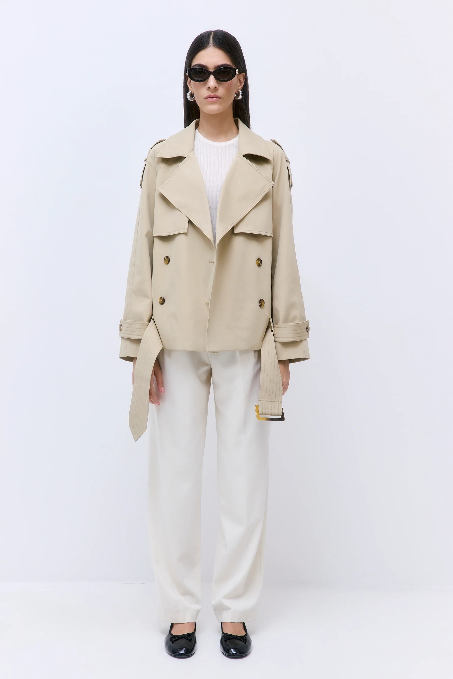 Oversized Cropped Double Breasted Trench Coat - Image 2