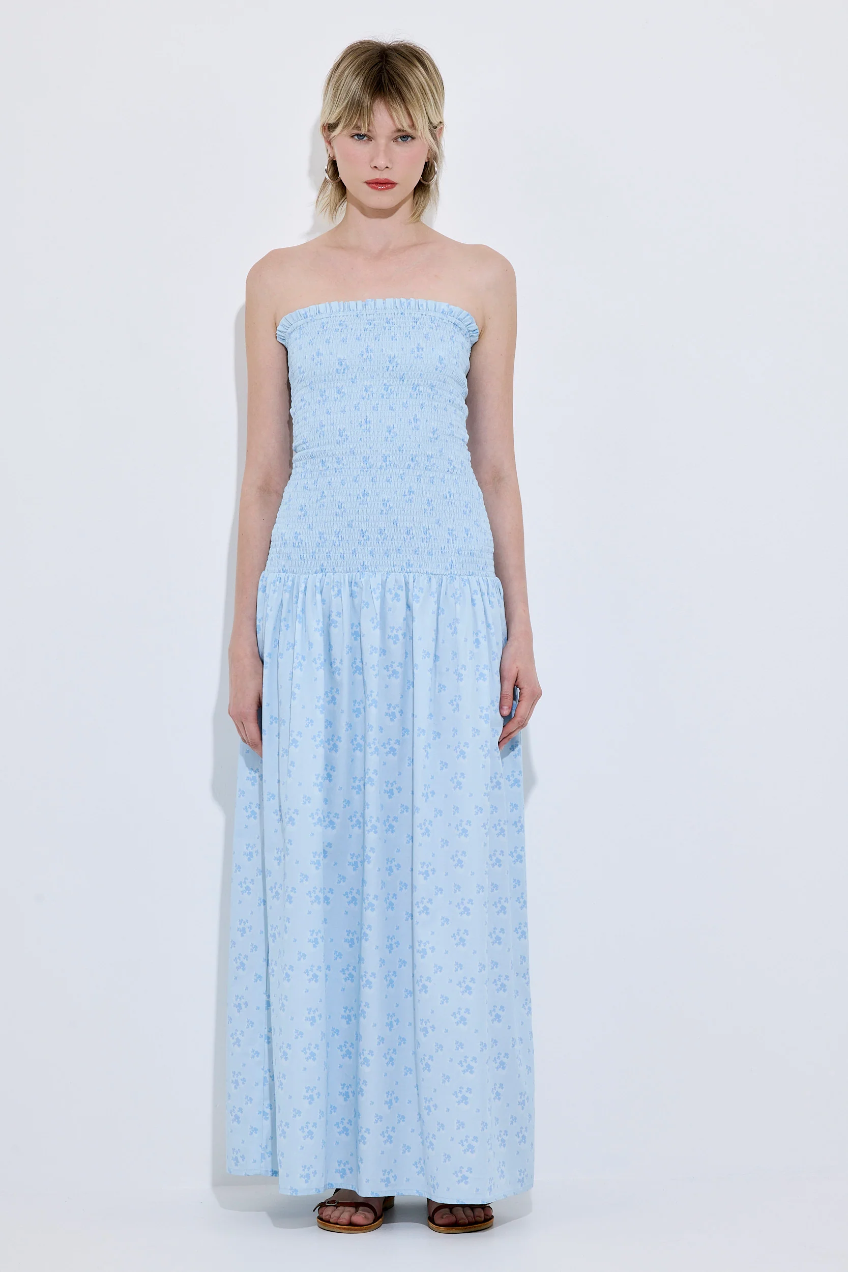 Shirred Strapless Maxi Dress