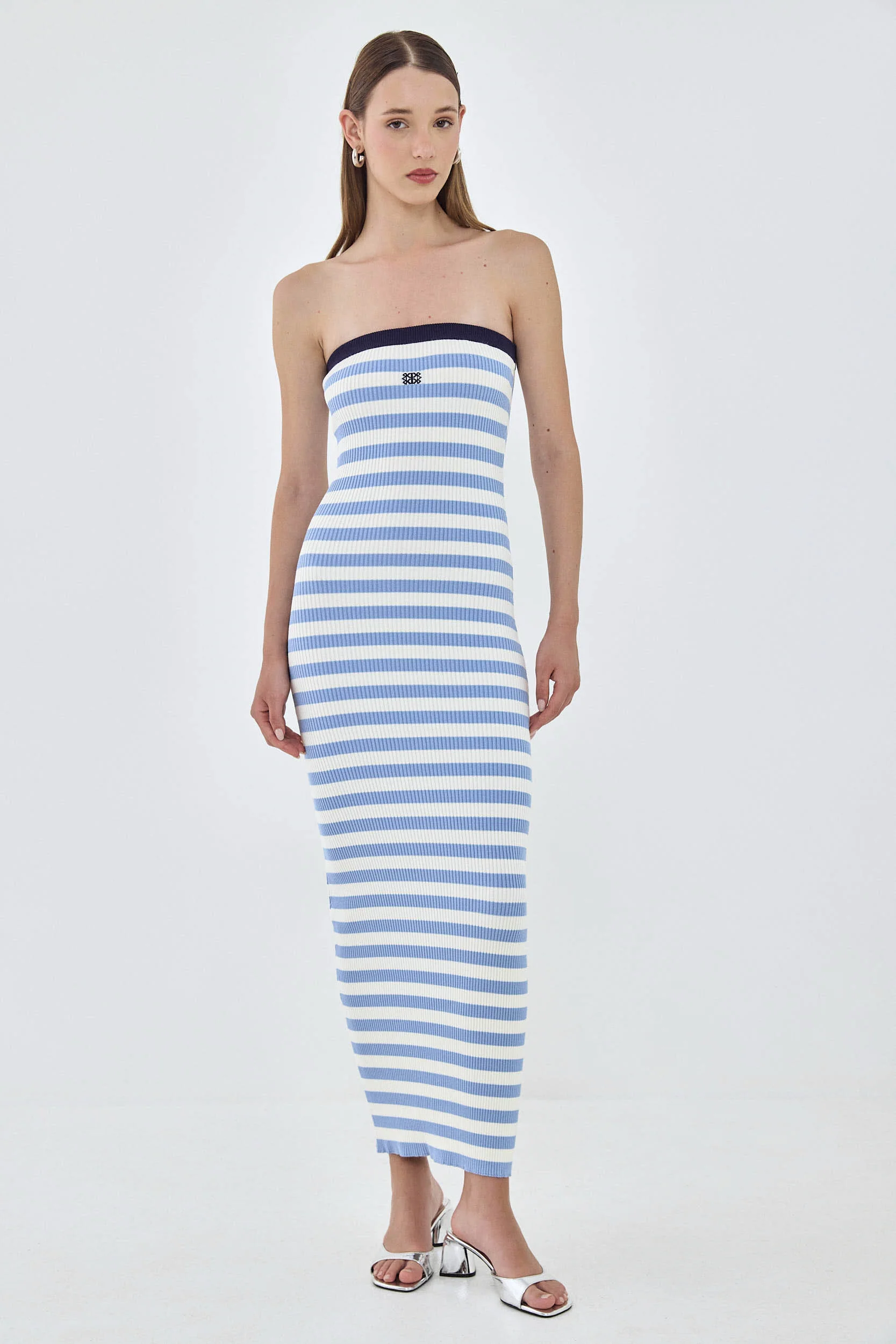 Strapless Maxi Striped Ribbed Dress