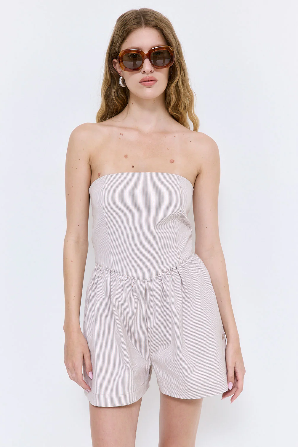 Striped Drill Strapless Jumpsuit