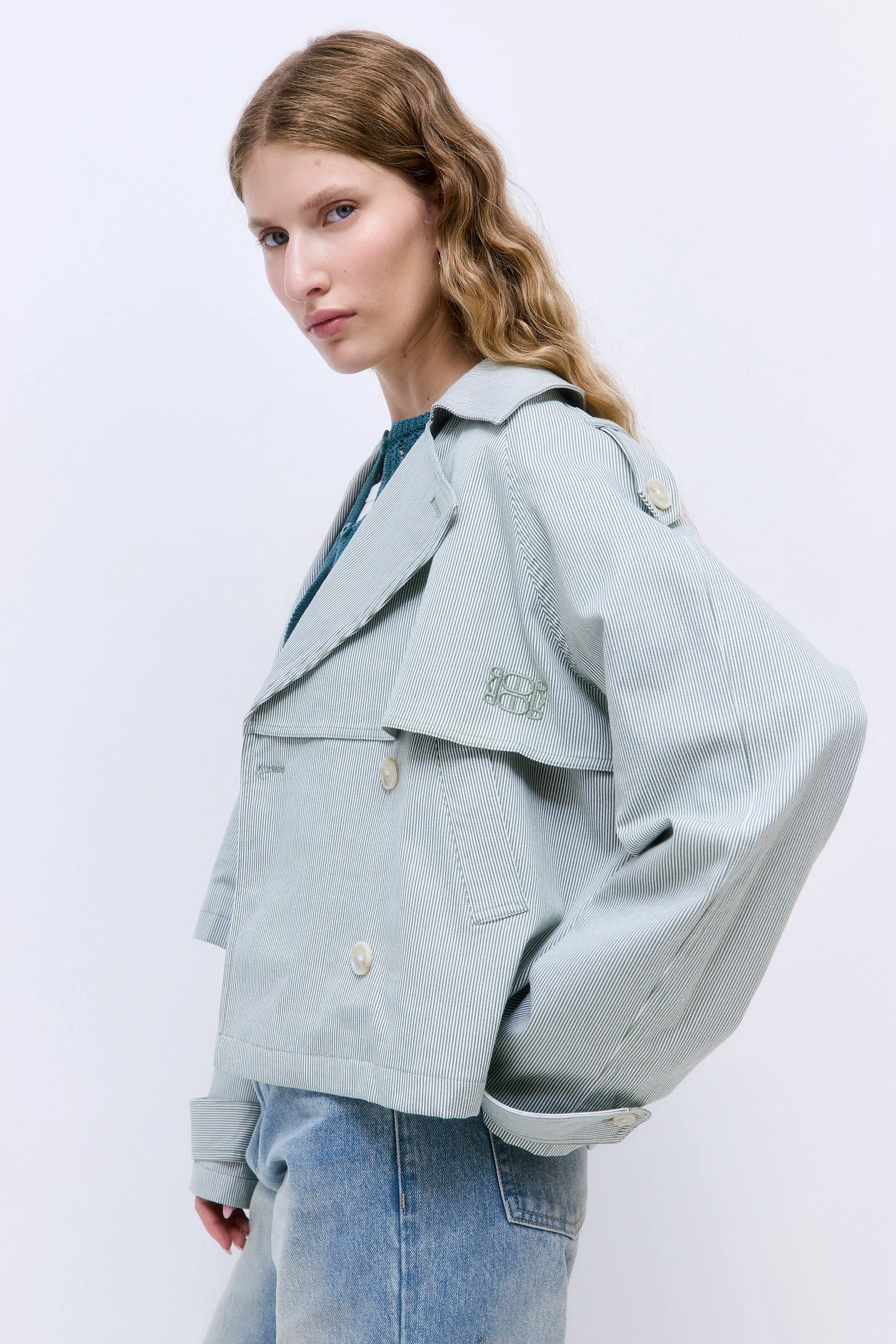 Striped Drill Double Breasted Trench Coat - Image 4