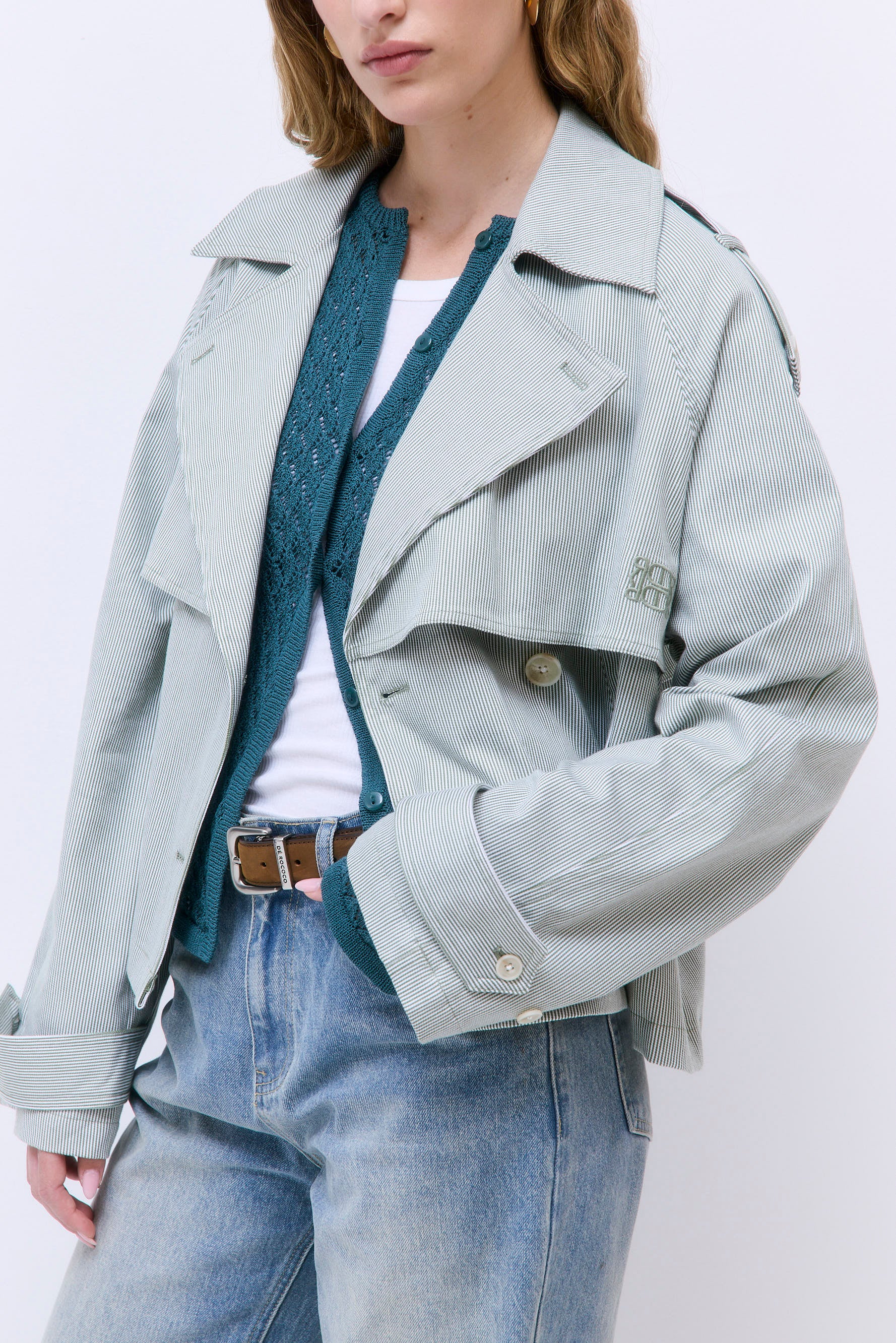 Striped Drill Double Breasted Trench Coat - Image 6