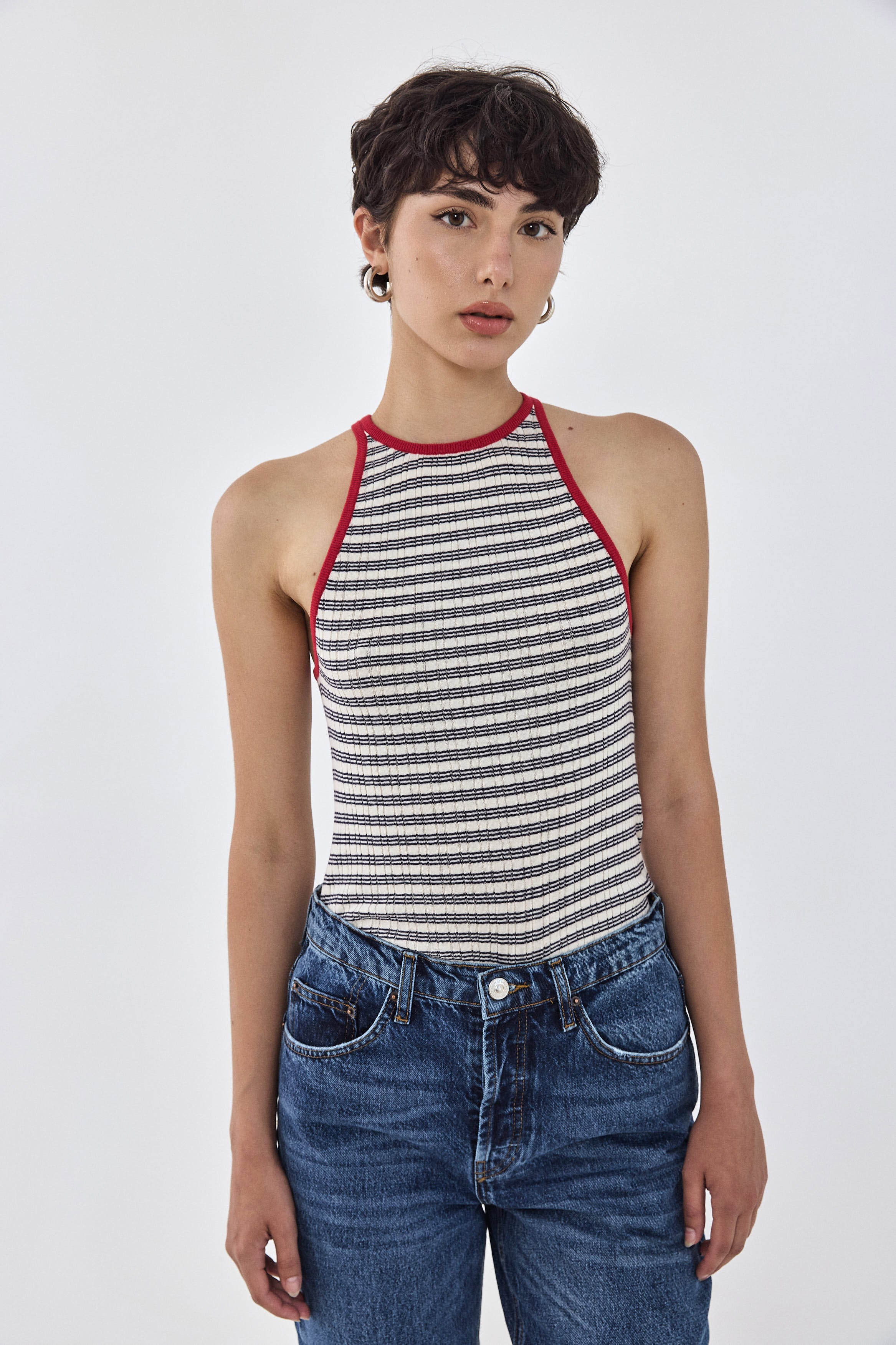 Striped Ribbed Racer Tank Top